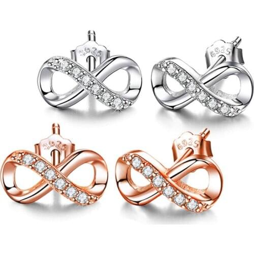 Female Cute Small Infinity Stud Earrings 100% Real 925 Sterling Silver Gold Earrings For Women Vintage Wedding Earrings Jewelry