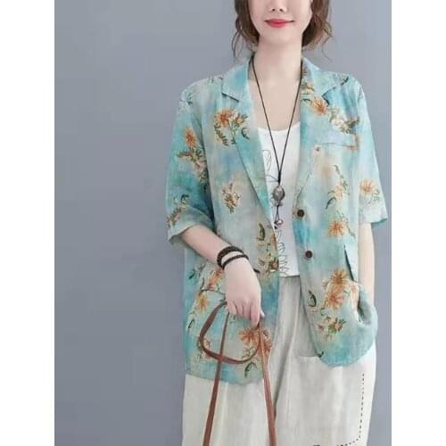 2021 New Arrival Summer Women Loose Casual Three Quarter Sleeve Notched Neck Blazers Single Breasted Print Cotton Linen Coat