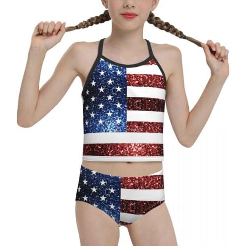 Proud Beach Wear for Children young Girl Print USA Flag Red Blue Sparkles Glitters Biquini 2021 Girl Swimming Suit