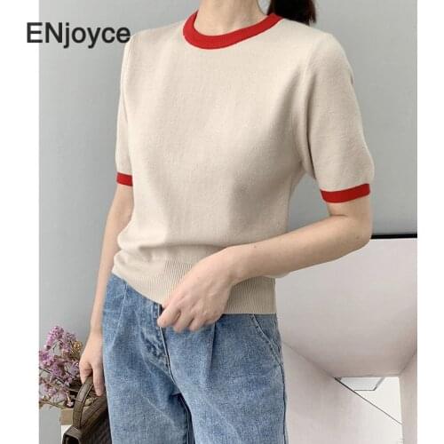 Women Vintage Patchwork Short Sleeve Knitted Sweater Korean Style Elegant Knit Pullovers T-Shirt Cropped Tops Spring Summer 2021