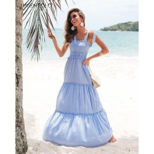 Women Strapless Dress Casual Fashion Plaid Print Loose Dresses Female Empire Sleeveless Big Swing Long Dress