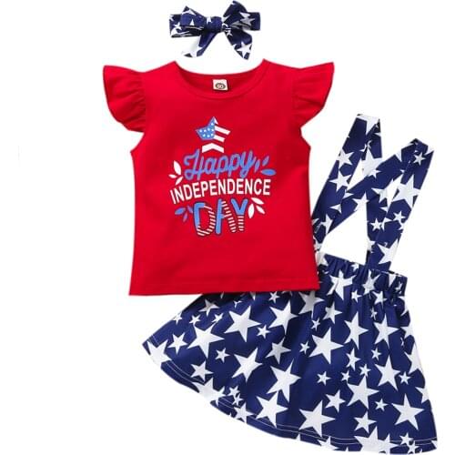 2021 Hot Selling Girl’s Skirt Three Piece Suit Unique Letter Fly Sleeve T-shirt and Stars Suspender Skirt with Headband Sets