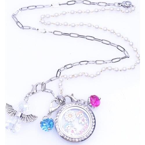 5Pcs/Lot Stainless Steel Crystal Round Floating Glass Memory Charms Locket Pearl Chains Necklaces Women Mother Day Gift Jewelry