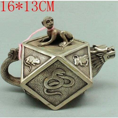 Antique QingDynasty Handmade silver Twelve animals teapot / jug,Hand-carved crafts,best collection& adornment,Free shipping