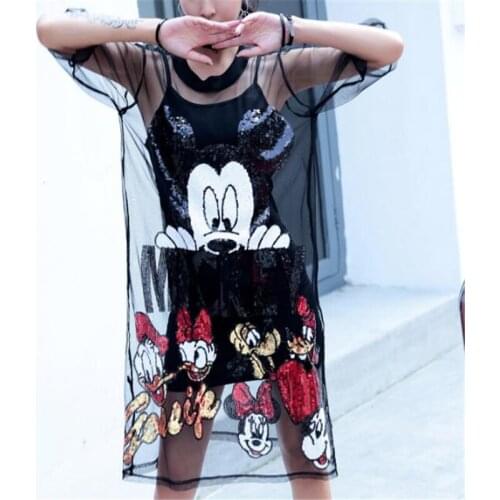 Disney Mickey Minnie Mouse T-shirt Loose Summer Long Dress Short Sleeve Tops Casual Female Oversize T Shirt Black Women Clothes
