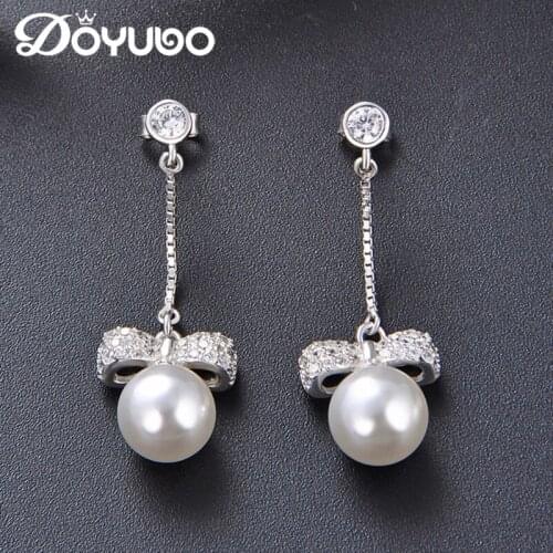 DOYUBO Elegant Womens 8MM Simulated Pearl Earrings 925 Sterling Silver Bowknot Cubic Zircon Drop Earrings Fashion Jewelry VC209