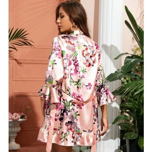 Women Print Bud Sleeve Kimono Robe Bride Dressing Gown Sexy V-Neck Rayon Nightgown Rufffles Sleepshirt S-XXL Summer Home Skirt