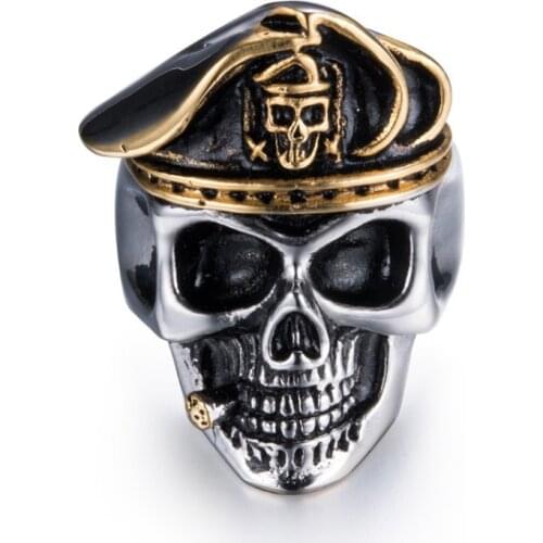 Skeleton Officer Special Soldier Beret Ring Mens Ring Stainless Steel Punk Gothic Corps Ring Halloween Party Jewelry