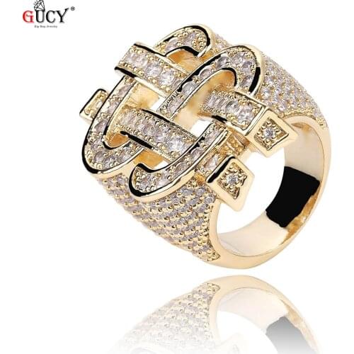 GUCY Dollar Rings Micro Pave Cubic Zircon Ring All Iced Out Gold Color Plated Personality Fashion Hip Hop Jewelry For Men Gift