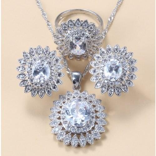 Pure Wedding Costume Jewelry Sets 925 Silver White Zircon Sunflower Hoop Earrings Pendant Necklace And Ring Bridal Sets