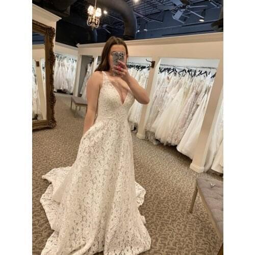Lace Wedding Dress Boho with Long Train A Line Wedding Gowns for Bridal 2021 Plus Size V Neck Open Back Robe Mariee White/Ivory