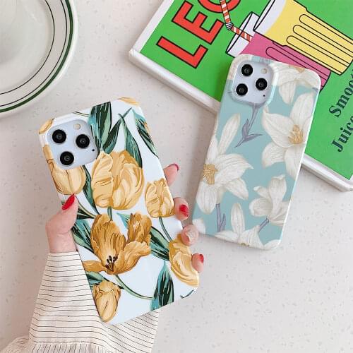 Fashion lily Flowers Leaf Phone Case For iPhone 12 XS Max XR 6 6S 7 8Plus Tulip Floral Soft Phone Back Cover For Coque iphone 11