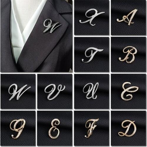 New Rhinestone Crystal Brooches Gold Color Pins 26 English Letters Lapel Pin Shirt Dress Badge Jewelry for Women Accessories
