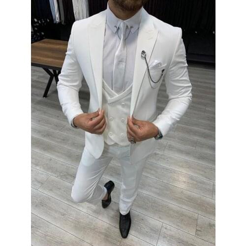 New Design Slim Fit Men Suit White Peak Lapel Bridegroom Best Man Tuxedo 3 Pcs(Jacket+Pant+Vest)Custom Made Wedding For Man Suit
