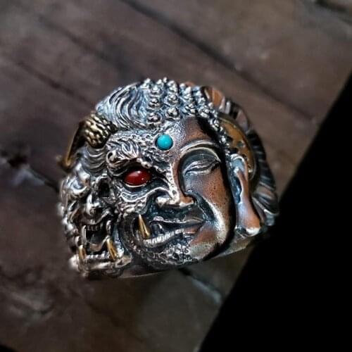 Charming Handmade 925 silver Buddha devil ring, mens Retro half devil half Buddha silver ring, Personalized Silver Ring