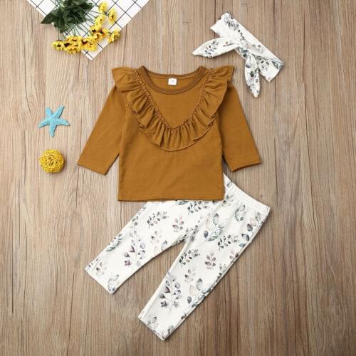 Infant Baby Girl Clothes Set Ruffled Collar Long Sleeve Solid Cotton Top Print Floral Pant Headband 3PCS Set 0-24M