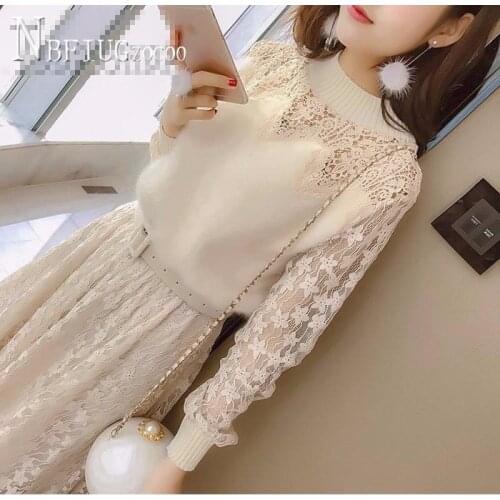 2019 Autumn Winter Lining With Fluff Women Dress Lace Female Bottoming Dresses