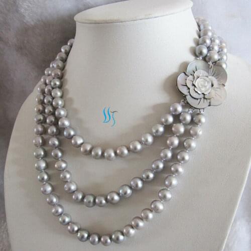 17-22" 8-9mm Silver Gray 3Row Freshwater Pearl Necklace Shell Clasp