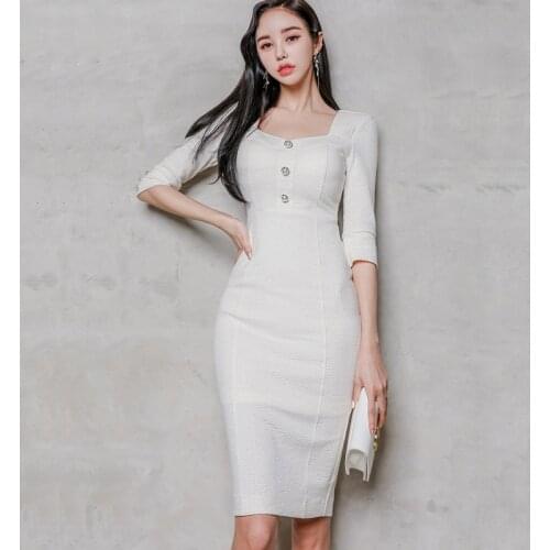 New White Formal Party Dress Elegant Square-neck Half Sleeve Bodycon Pencil Dress with Slit Business Work Spring Autumn
