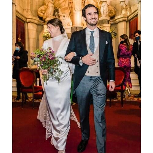 Simple Sheath Country Wedding Dresses with Long Sleeve High Collar Satin Bridal Gown Cheap Bohemian Vestido De Novia