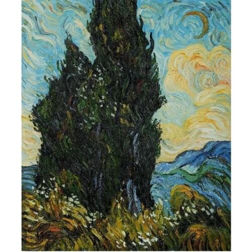Hand Painted Trees Painting for Living Room Canvas Wall Art Two Cypresses by Vincent Van Gogh Oil Painting Replica Vertical