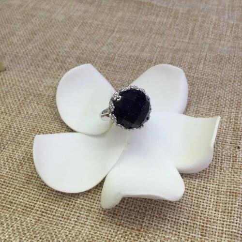 S925 Sterling Silver Retro Thai Silver Inlaid Blue Sand Stone Lace Open Ended Exquisite Women Ring