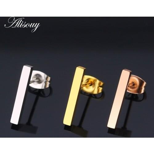 Alisouy 2PC 20g Minimalist Brief Gold/ color/Rose Gold Square Bar Stud Earrings For Women Femme Bijoux 5/10/15mm length bar