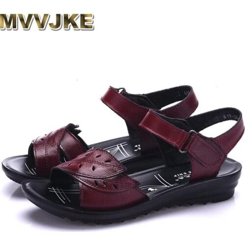 MVVJKE Fashion Genuine Leather Sandals women Summer Ladies Casual shoes woman with Flowers Beach Shoes Flat Sandals