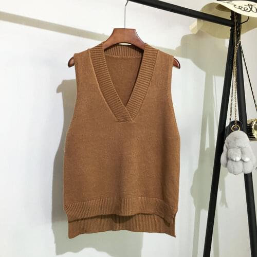 Spring Autumn Womens V-neck Knitted Vest Sweater Winter Korean Version of Loose Wool Vest Sleeveless Sleeveless Sweater Woman
