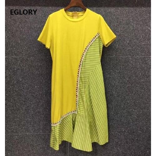 High Quality New Long TShirt Dress 2021 Spring Summer Casual Ladies Striped Print Patchwork Short Sleeve Yellow Black Dress