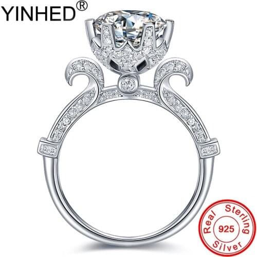 YINHED Original 925 Sterling Silver Ring 1 Carat Zircon CZ Diamond Wedding Rings for Women Stamped S925 Fine Jewelry ZR199