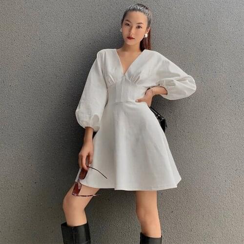 Fashion Wrist Puff Sleeve Ruched Waist Dress Autumn Elegant Solid White A-line Office Lady Dress Sexy V-neck Ruffle Mini Vestido