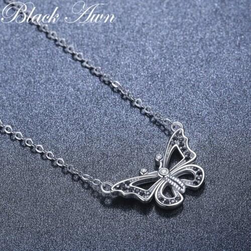 2021 New Black Awn Silver Necklace Genuine 100% 925 Sterling Silver Necklace Women Jewelry Butterfly Pendants P200