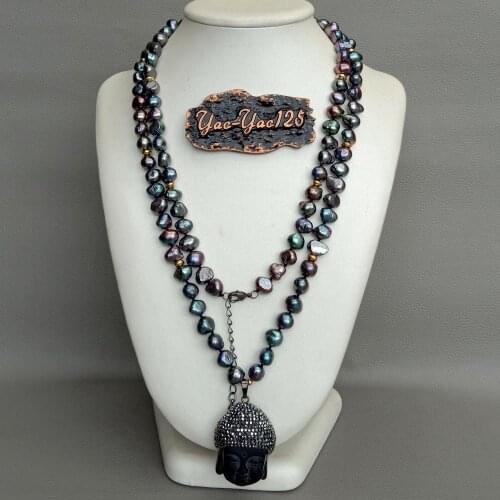 37" Cultured White Baroque freshwater Pearl Necklace black crystal Buddha Pendant religious style party for women