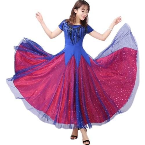 Big Swing Skirt Women Ballroom Dress Lady Flamenco Latin Tango Dancing Waltz Yarn Mesh Costumes Royal Blue And ROSE Double Color