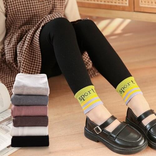 Childrens sports cropped trousers spring and autumn high stretch anti-balloon pure cotton girls slim leggings all-match