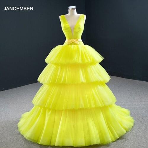 J67154 JANCEMBER Yellow Prom Dresses 2020 Tiered V Neck Sleeveless Sashes Bow Lace Up Back Party Ball Gowns платье на выпускной