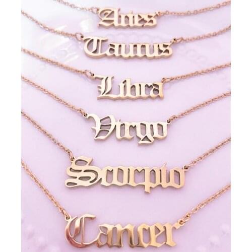 Jisensp Gothic Style Zodiac Astrology Pendant Necklace Old English Necklace Letter Horoscope Chain Necklace for Women Girls