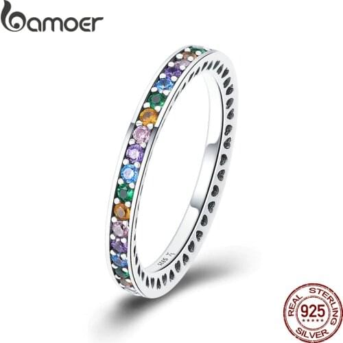 BAMOER Genuine 100% 925 Sterling Silver Colorful CZ Crystal Round Pave Finger Rings Engagement Wedding Jewelry Gift S925 SCR392