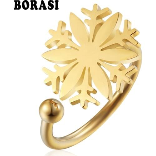 BORASI New Trendy Fashion Snowflake Style Rings Gold-Color For Women Stainless Steel Wedding Ring Party Christmas Gift Jewelry