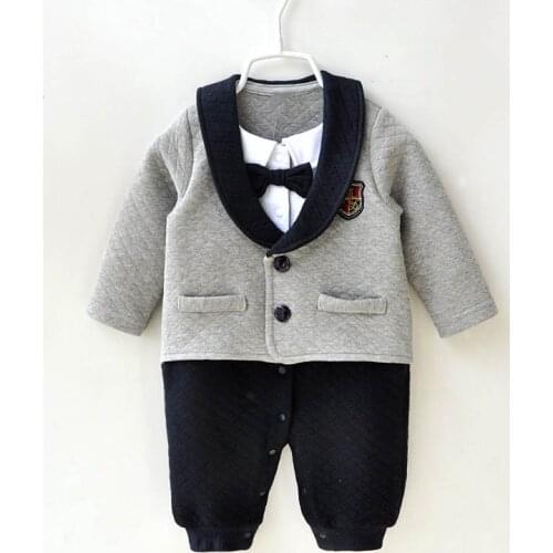 Fashion Spring Autumn Baby Boy Grey Romper Bowtie One-Pieces Baby Boy Gentleman Romper Long Sleeve Baby Thick Warm Overalls