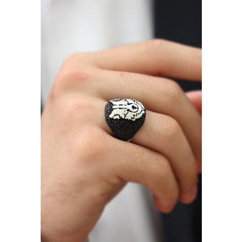 Wolf Head Black Micro Cubic Zirconia 925 Silver Men 'S Ring