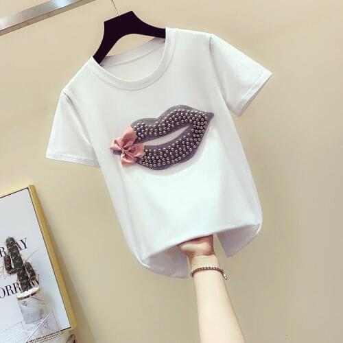 Nancylim Nail-beaded Lip-print Bow-tie T-shirt with Round Collar Loose Korean Tshirt Girl Lady New Summer Shirt Shirts Tops