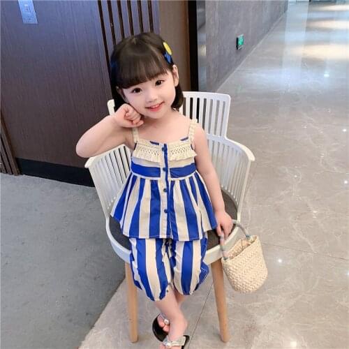 New Summer Girls Sets Striped Sleeveless Single Breasted Baby Kids Casual Clothes for 0-7 Years Tops and Pant Two Pieces