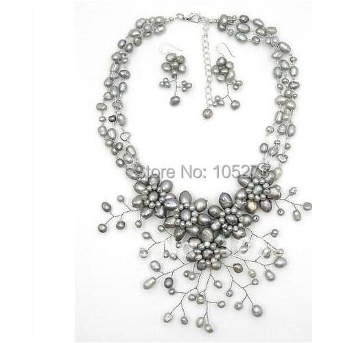 Charming! Gray Color Genuine Freshwater Pearl Flower Japanese Silk Necklace / Earrings Jewelry Set 16inchs Hot Sale FN1575
