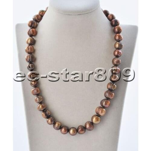 P6695 17" 13mm Coffee Round Screw Freshwater PEARL Necklace CZ Cougar Choker