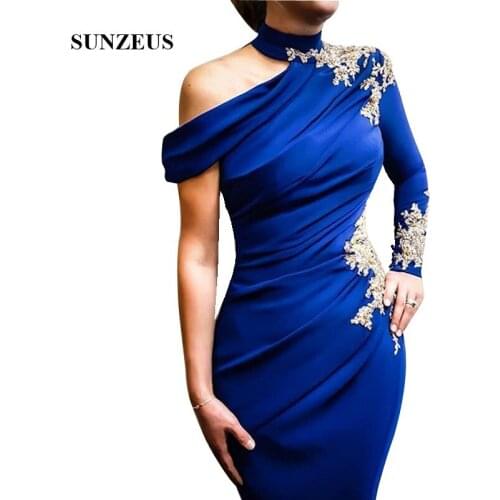 Royal Blue Wedding Party Dress With Gold Appliques Beads Sheath Knee Length Mother Of The Bride Dress High Neck Single Sleeve