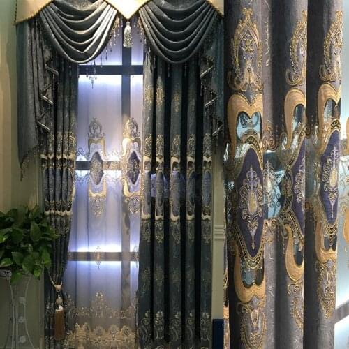 Luxury Embroidered Chenille Curtains for Living Room Hollow Royal Blue Elegant Rideaux Pour Le Salon JS93C