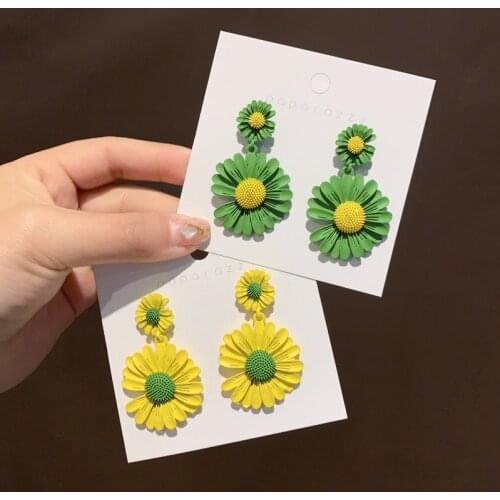 Double Daisy Flower Earrings Trendy Pink Flowers Dangle Earrings For Women Wedding Party Jewelry Boho Metal Earrings Female