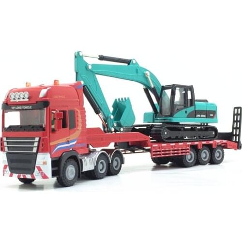 [Funny] 1:50 Flatbed Trailer Trucks Toy Alloy Trailer Roller Excavator Loader Truck Model Car Toys For Boys Digger Forklift gift